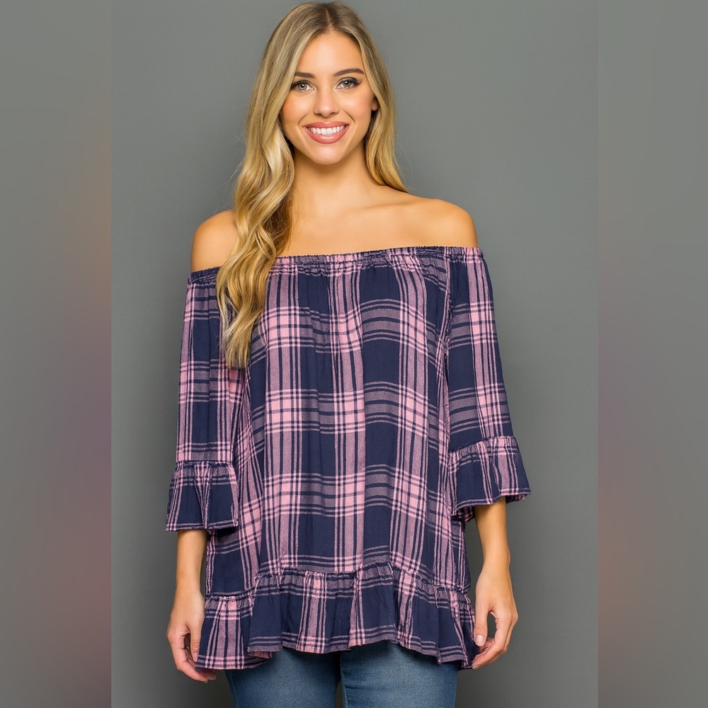 beachlunchlounge | Blue and Pink Flutter Sleeve‎ Off the Shoulder Smocked Blouse